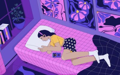 sleepy-lofi-girl-listening-to-music-in-artistic-bedroom-animation-cartoon-wallpaper-young-woman-curled-up-in-bed-with-headphones-lo-fi-2d-animated-background-4k-concept-chill-aesthetic-video