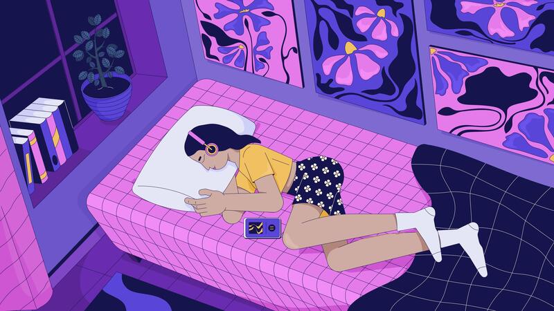sleepy-lofi-girl-listening-to-music-in-artistic-bedroom-animation-cartoon-wallpaper-young-woman-curled-up-in-bed-with-headphones-lo-fi-2d-animated-background-4k-concept-chill-aesthetic-video